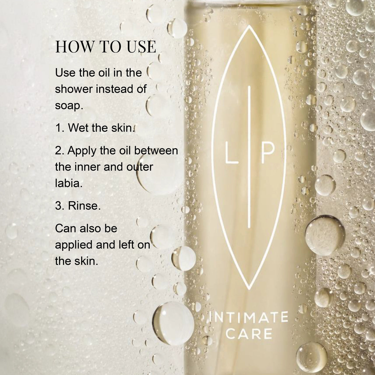 Instructional graphic showing a bottle of intimate care oil with water droplets, alongside text instructions on how to use the oil on the skin.