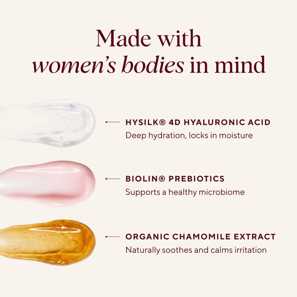 Three cosmetic gel swatches on a light beige background with text reading 'Made with women's bodies in mind' and ingredient callouts for HYSILK 4D hyaluronic acid, BIOLIN prebiotics, and organic chamomile extract.
